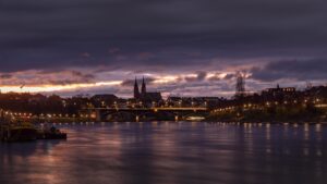 bridge, sunset, rhine, basel-city, nature, swiss, switzerland, muenster, basel minster, church, wettstein bridge, lights, basel